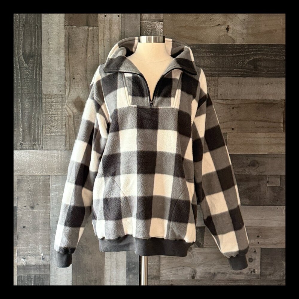 Trader Bay vintage 90s gray checkered fleece half zip funnel neck sweater large